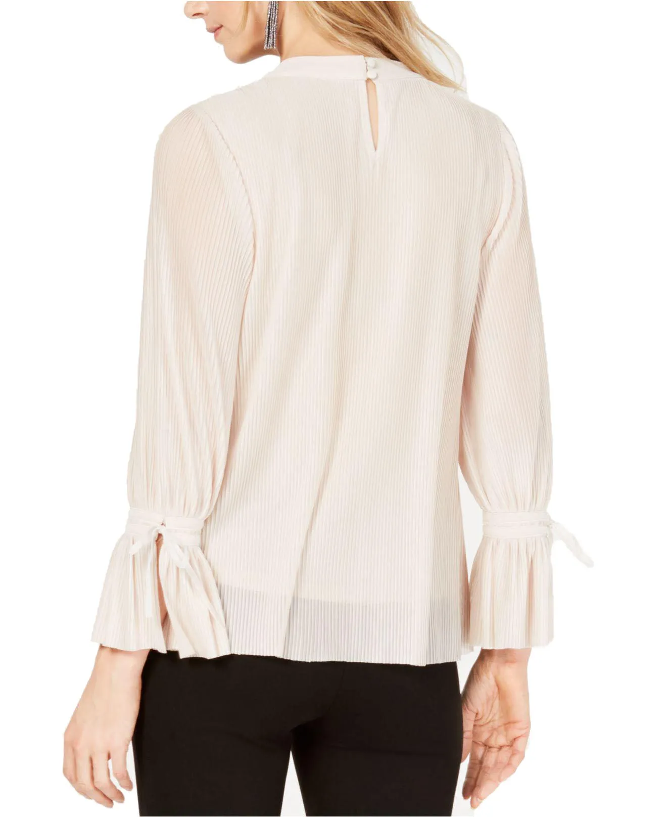 Alfani Women's Textured-Stripes Embellished-Neck Blouse Top, Nude, L