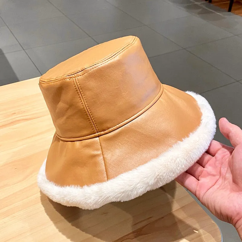 Autumn Winter Bucket Hats Women PU leather Panama Hat Thick Warm Plush Fisherman Cap For Girl crimping Basin Hat kapelusz