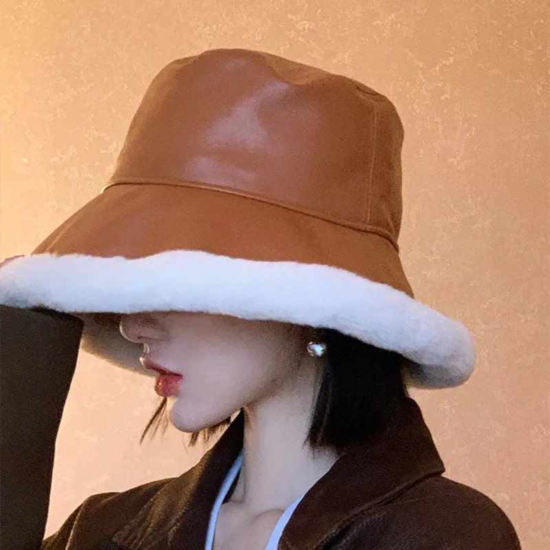 Autumn Winter Bucket Hats Women PU leather Panama Hat Thick Warm Plush Fisherman Cap For Girl crimping Basin Hat kapelusz