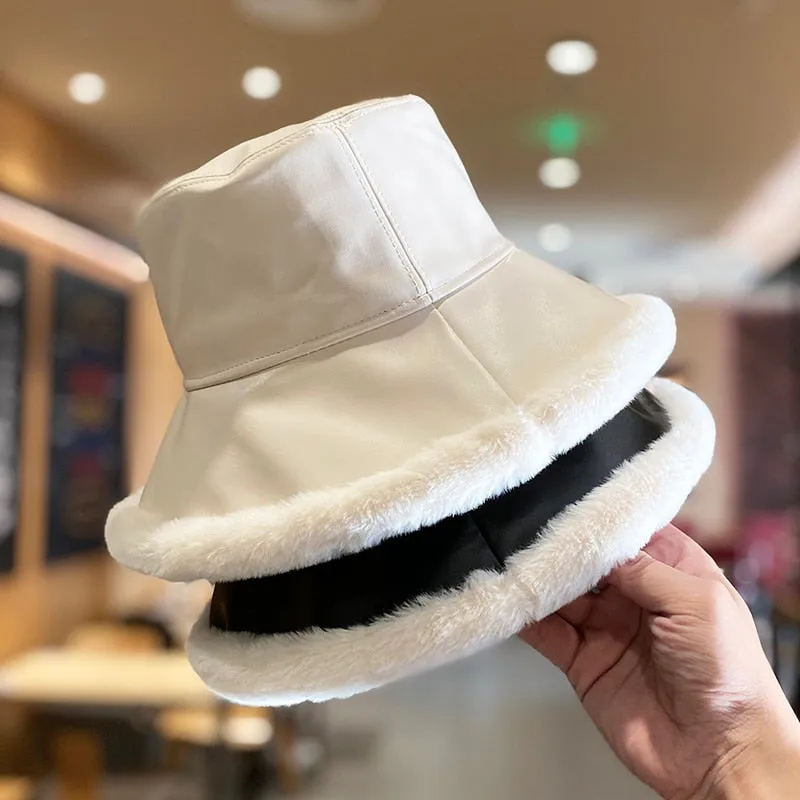 Autumn Winter Bucket Hats Women PU leather Panama Hat Thick Warm Plush Fisherman Cap For Girl crimping Basin Hat kapelusz