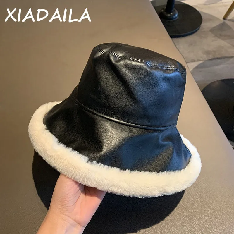 Autumn Winter Bucket Hats Women PU leather Panama Hat Thick Warm Plush Fisherman Cap For Girl crimping Basin Hat kapelusz