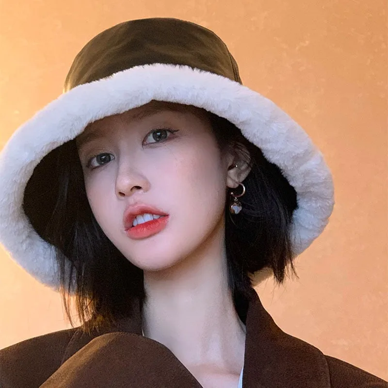 Autumn Winter Bucket Hats Women PU leather Panama Hat Thick Warm Plush Fisherman Cap For Girl crimping Basin Hat kapelusz