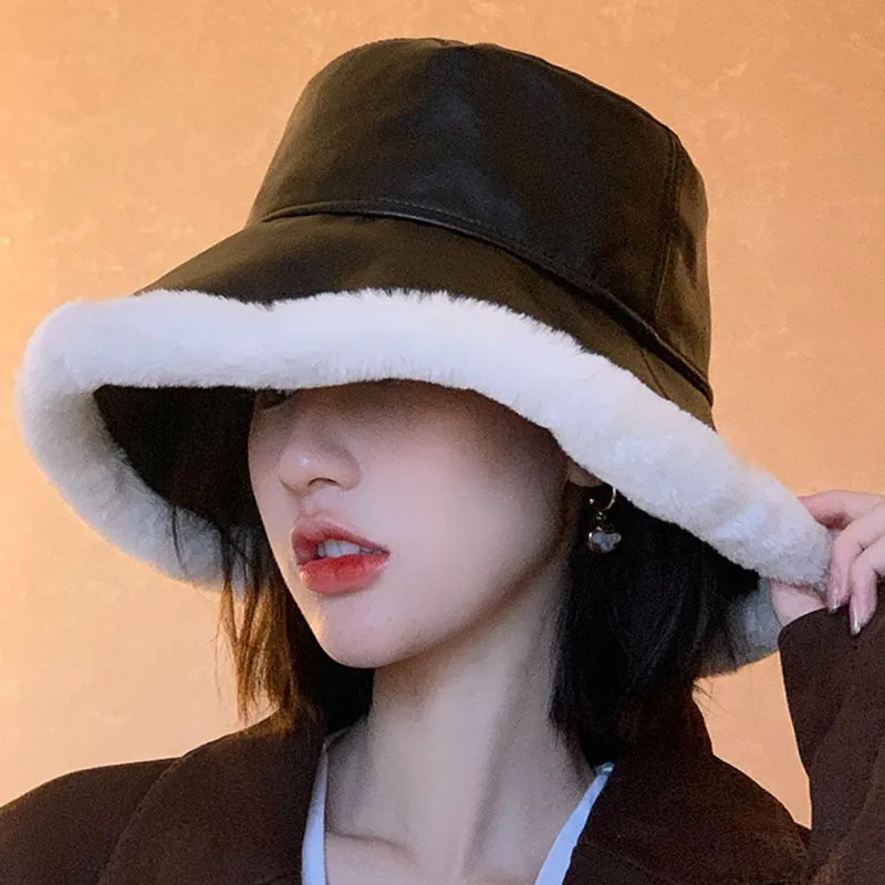 Autumn Winter Bucket Hats Women PU leather Panama Hat Thick Warm Plush Fisherman Cap For Girl crimping Basin Hat kapelusz