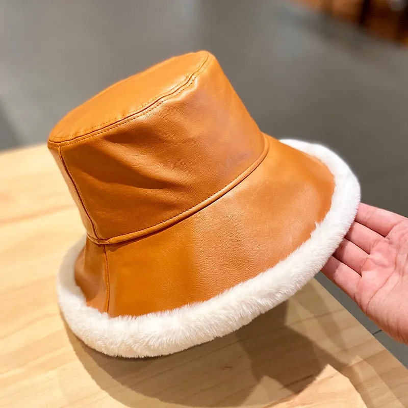 Autumn Winter Bucket Hats Women PU leather Panama Hat Thick Warm Plush Fisherman Cap For Girl crimping Basin Hat kapelusz