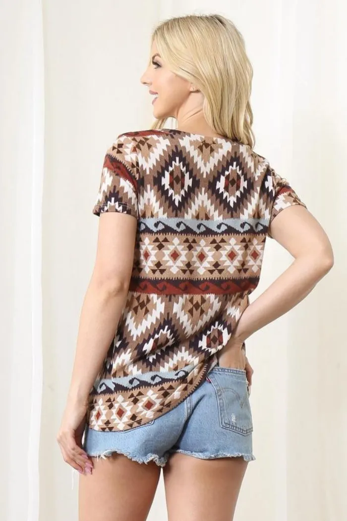 AZTEC PRINTED V-NECK SHORT SLEEVE TOP