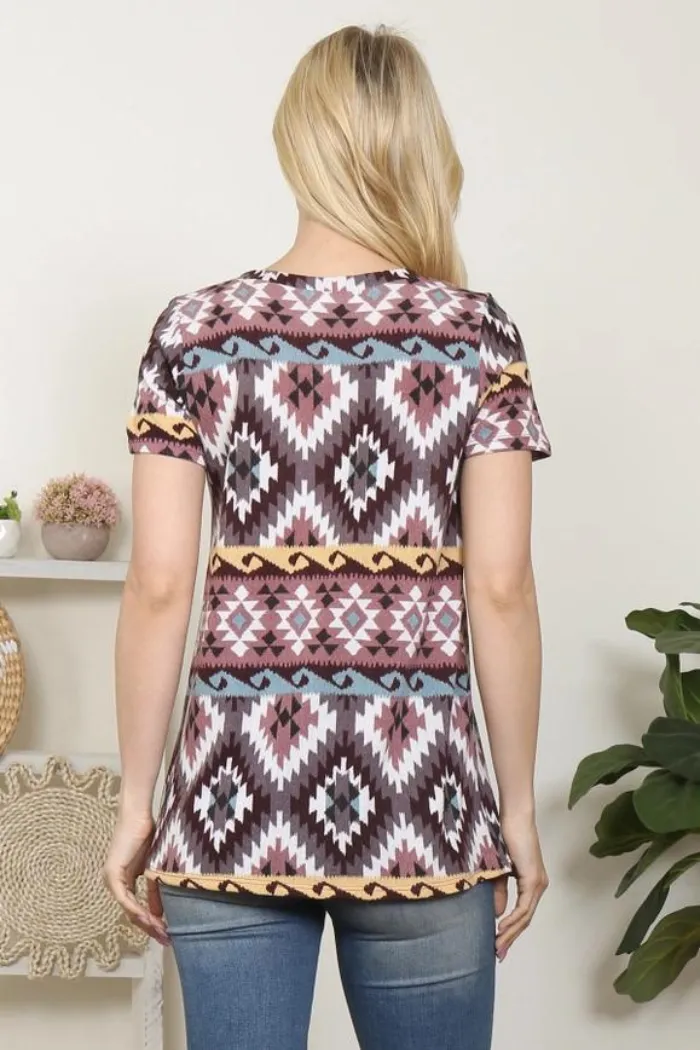 AZTEC PRINTED V-NECK SHORT SLEEVE TOP