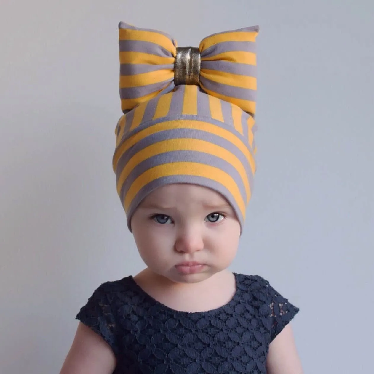 BigBowBow Beanie with Bow in Yellow and Grey Stripe