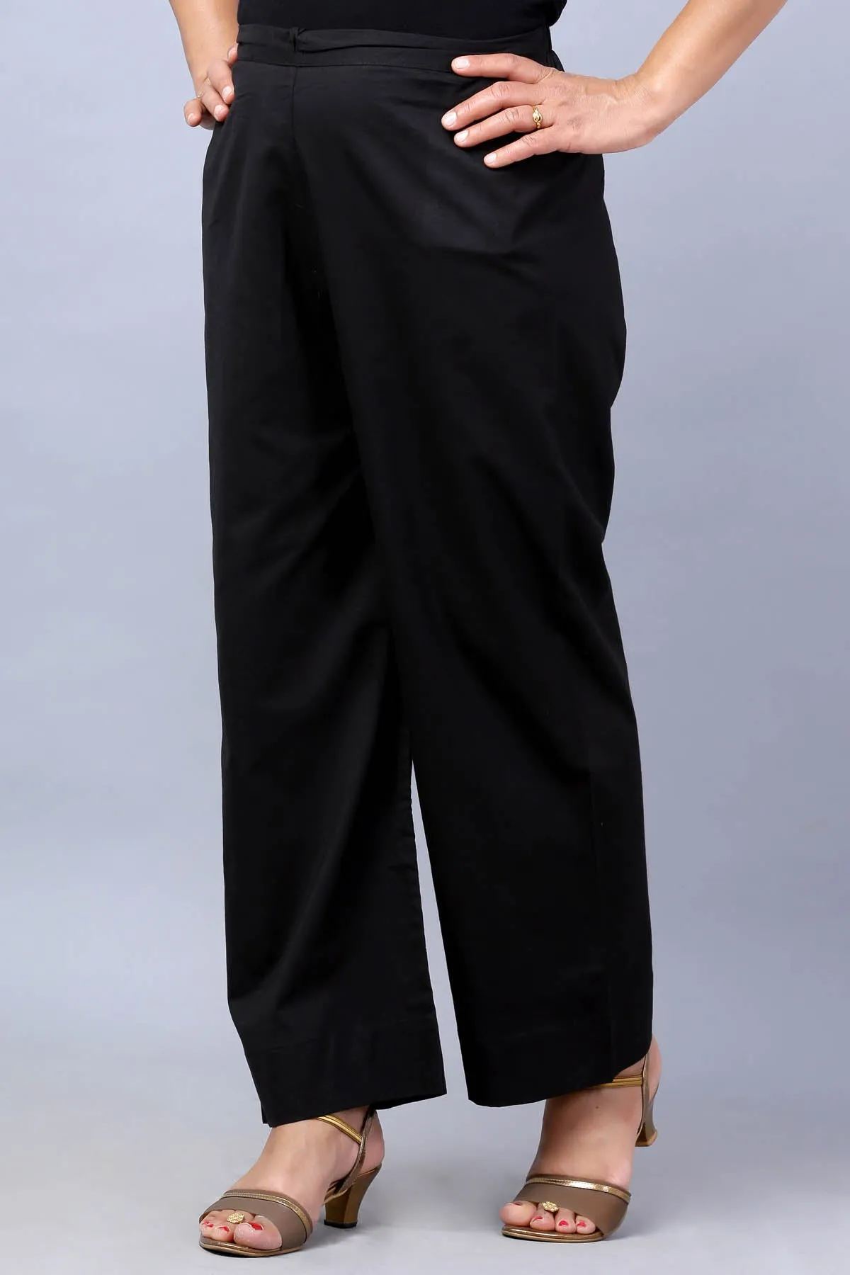 Black Cotton Straight Pants with Elasticated Waist