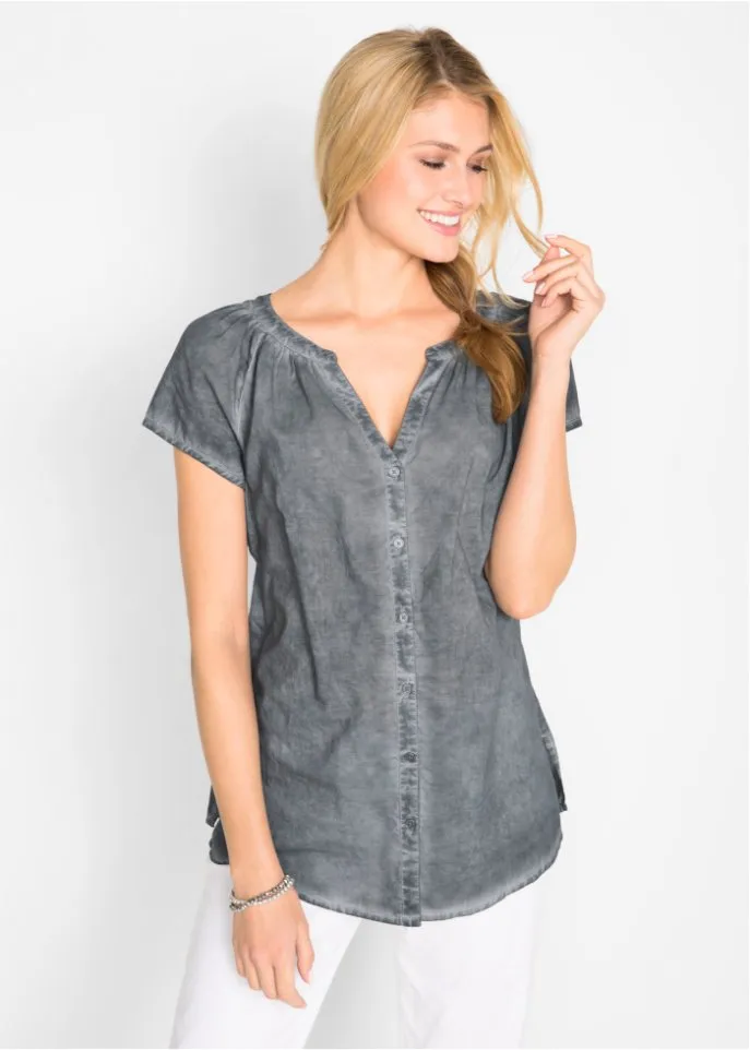 Cold-dyed organic cotton blouse with short sleeves Bpc Bonprix Collection grey