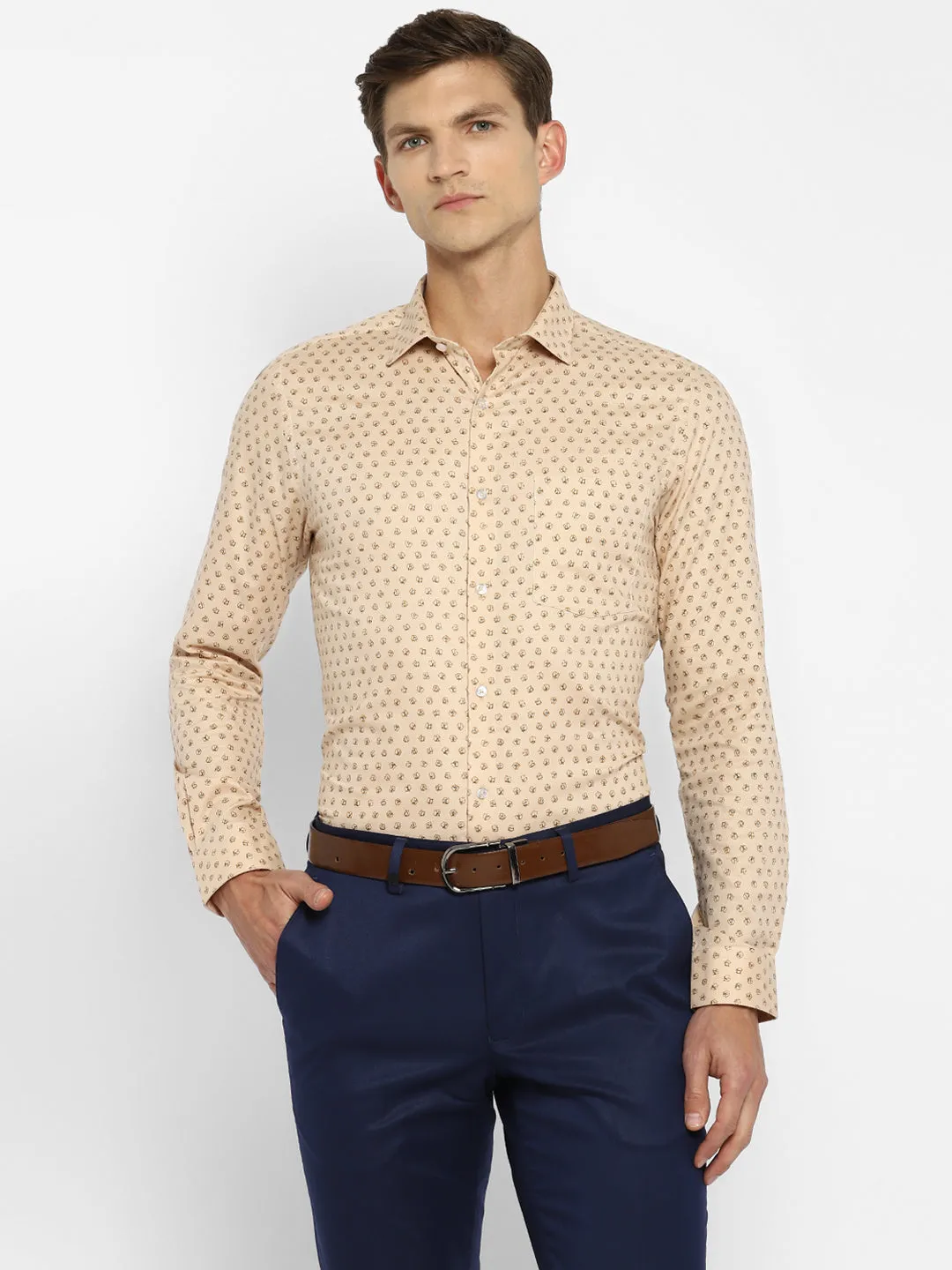 Cotton Printed Slim Fit Beige Formal Shirt