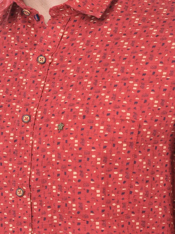 Cotton Red Slim Fit Printed Casual Shirt