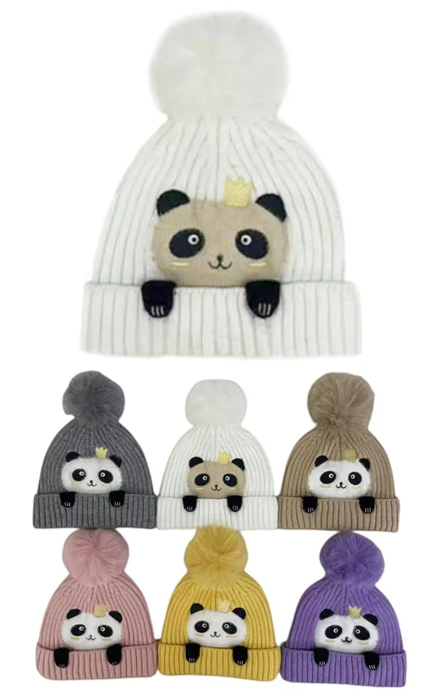 DBHK3936 Kids Panda Face Winter Knit PomPom Hats