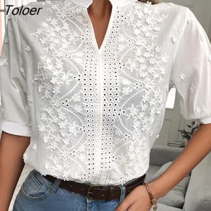 deanwangkt Embroidery Women Blouse Tops V-neck Short Sleeve White Shirt Woman Applique Vintage Cotton Female Blouses Blusas 14204