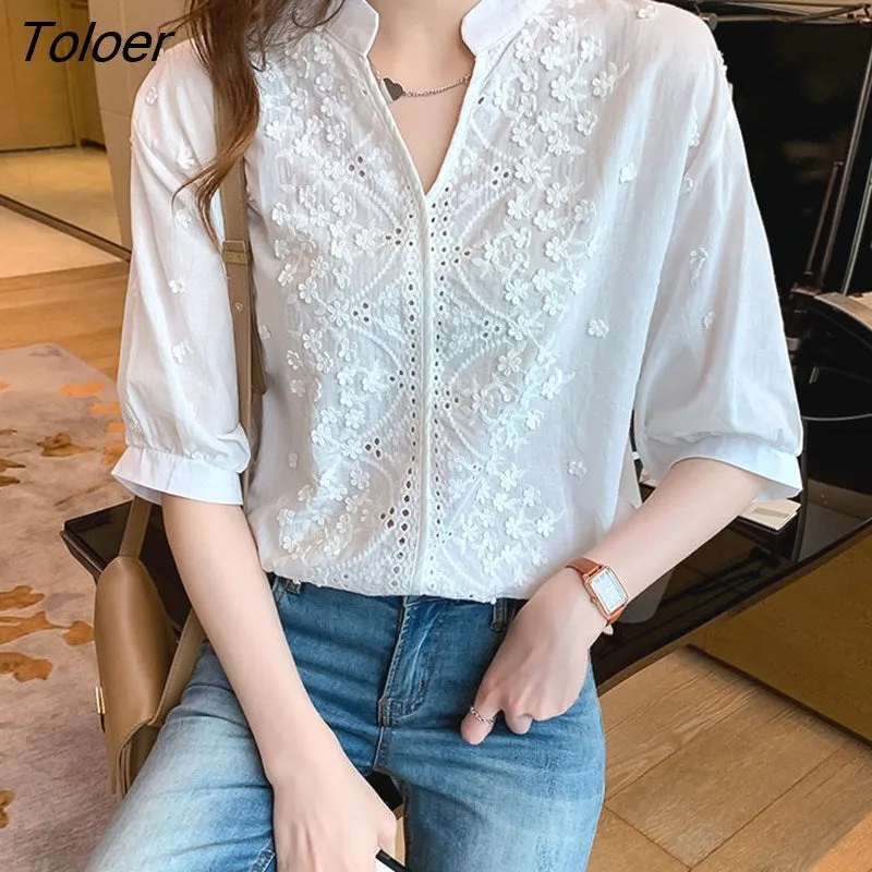 deanwangkt Embroidery Women Blouse Tops V-neck Short Sleeve White Shirt Woman Applique Vintage Cotton Female Blouses Blusas 14204