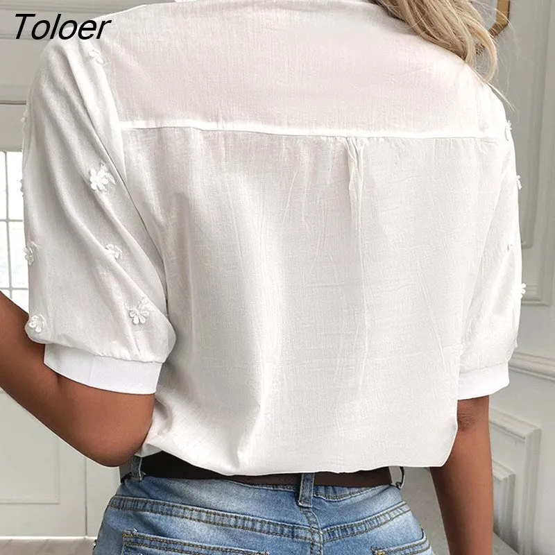 deanwangkt Embroidery Women Blouse Tops V-neck Short Sleeve White Shirt Woman Applique Vintage Cotton Female Blouses Blusas 14204