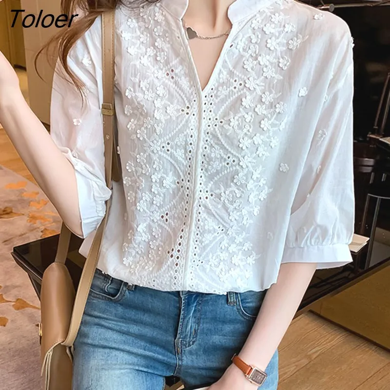 deanwangkt Embroidery Women Blouse Tops V-neck Short Sleeve White Shirt Woman Applique Vintage Cotton Female Blouses Blusas 14204