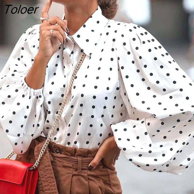 deanwangkt Office Lady White Blouse Shirt Women Polka Dot Lantern Sleeve Women Blouses Tops Oversized Loose Female Shirt Blusas 12372