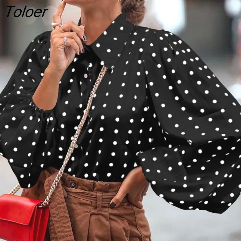 deanwangkt Office Lady White Blouse Shirt Women Polka Dot Lantern Sleeve Women Blouses Tops Oversized Loose Female Shirt Blusas 12372