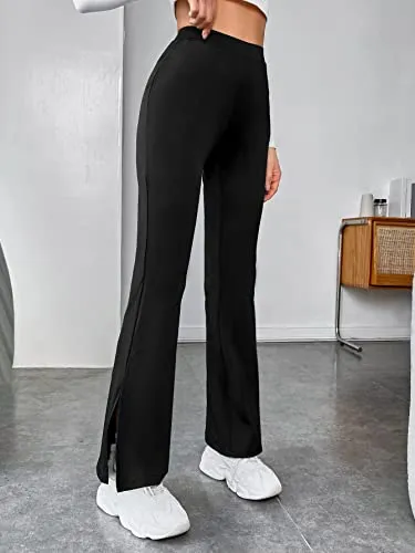 DIGITAL SHOPEE Women's & Girls' Solid Side Split Hem Flare Leg Bell Bottom Pants Trouser (Black, Medium)