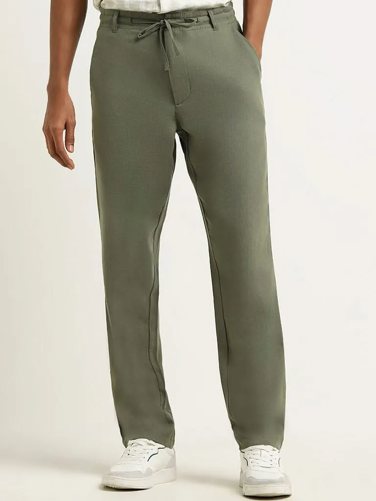 ETA Green Mid Rise Cotton Blend Relaxed Fit Trousers