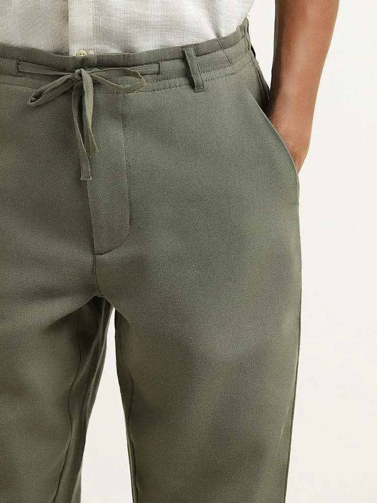 ETA Green Mid Rise Cotton Blend Relaxed Fit Trousers