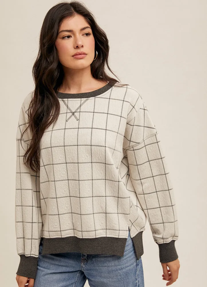 Jaquard Check Motif Sweater in Off White by Hem & Thread