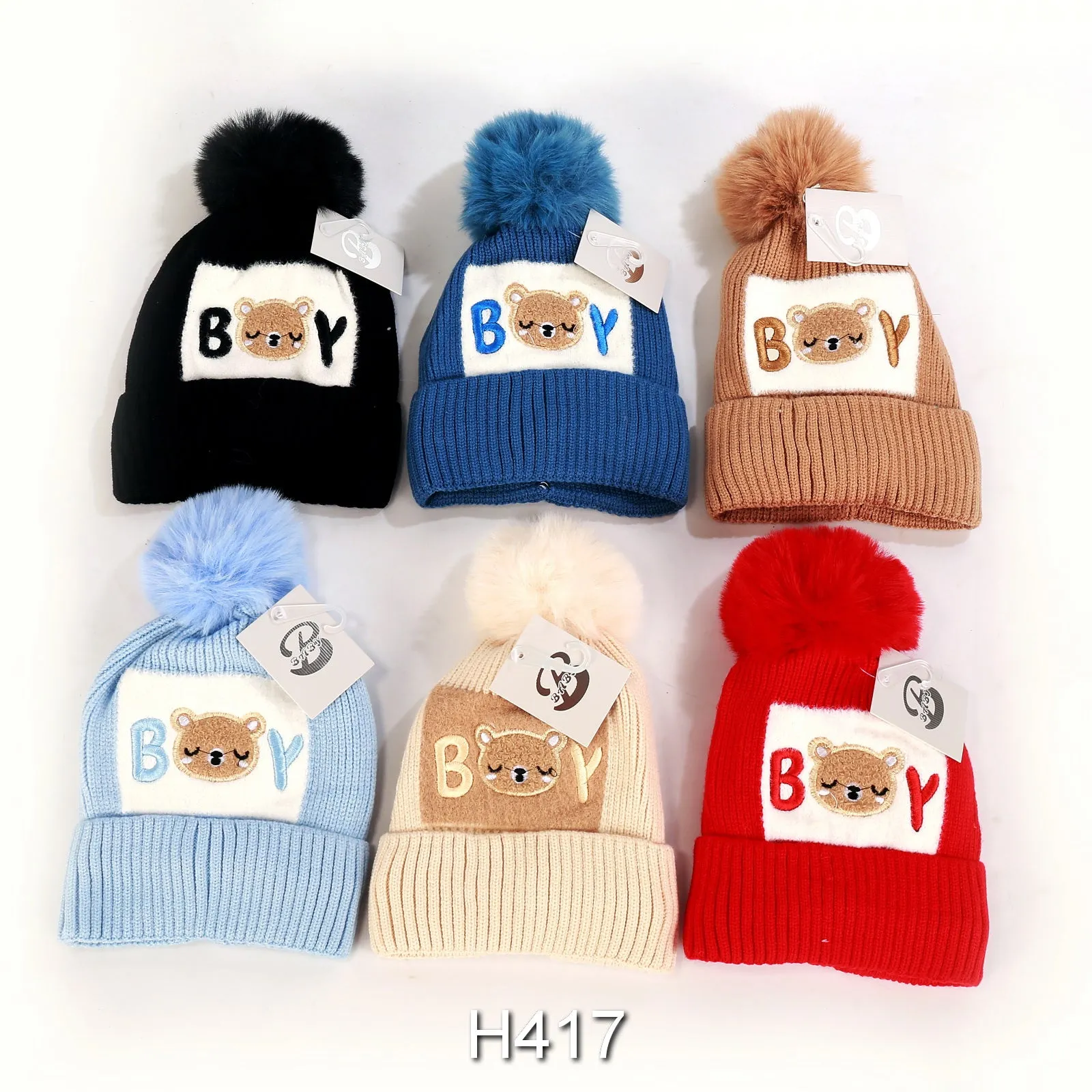 Kids Boys Girls Bear Winter Warm Hats Caps Lining WPom, H417