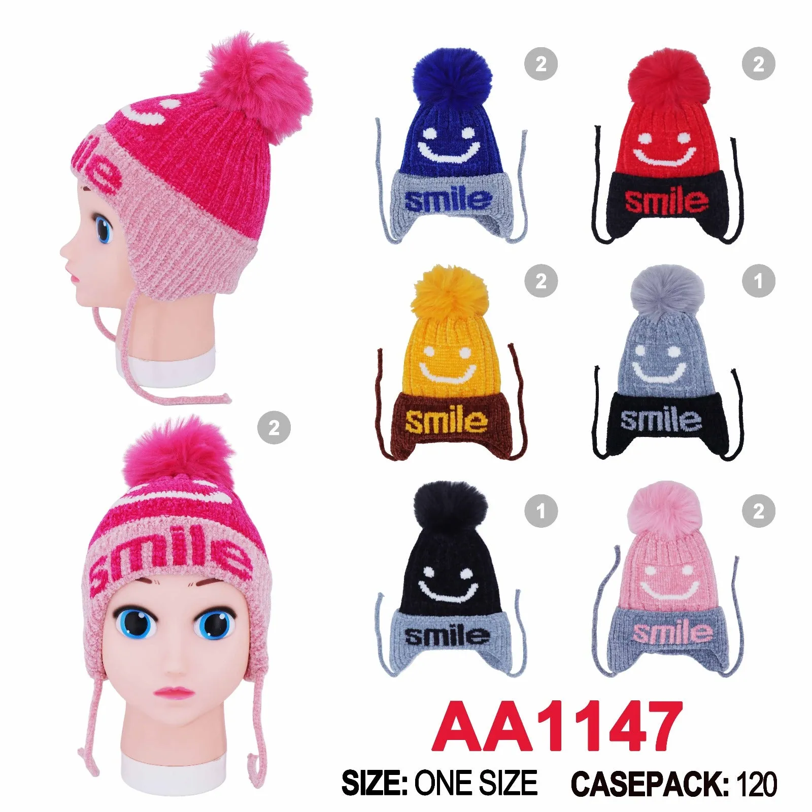 Kids Boys Girls Children Cute Smile Winter Warm Hats Caps With Pom Earflap AA1147