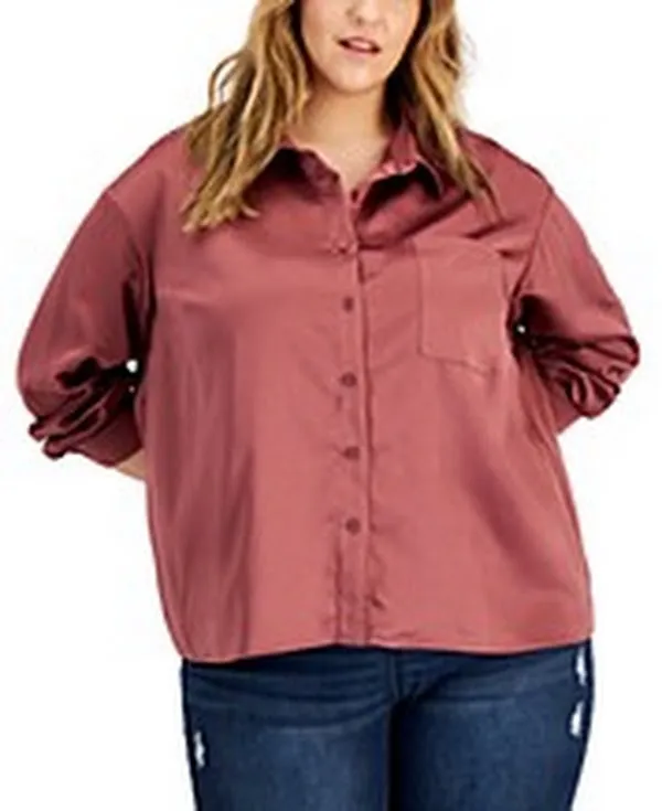 LoveFire Trendy Plus Size Hammered-Satin Button-Down Blouse