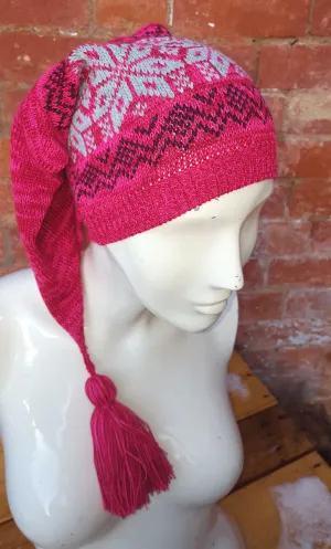 Magenta coloured Winter Pixie Hat, fair isle pattern, one size fits all, unisex ski hat