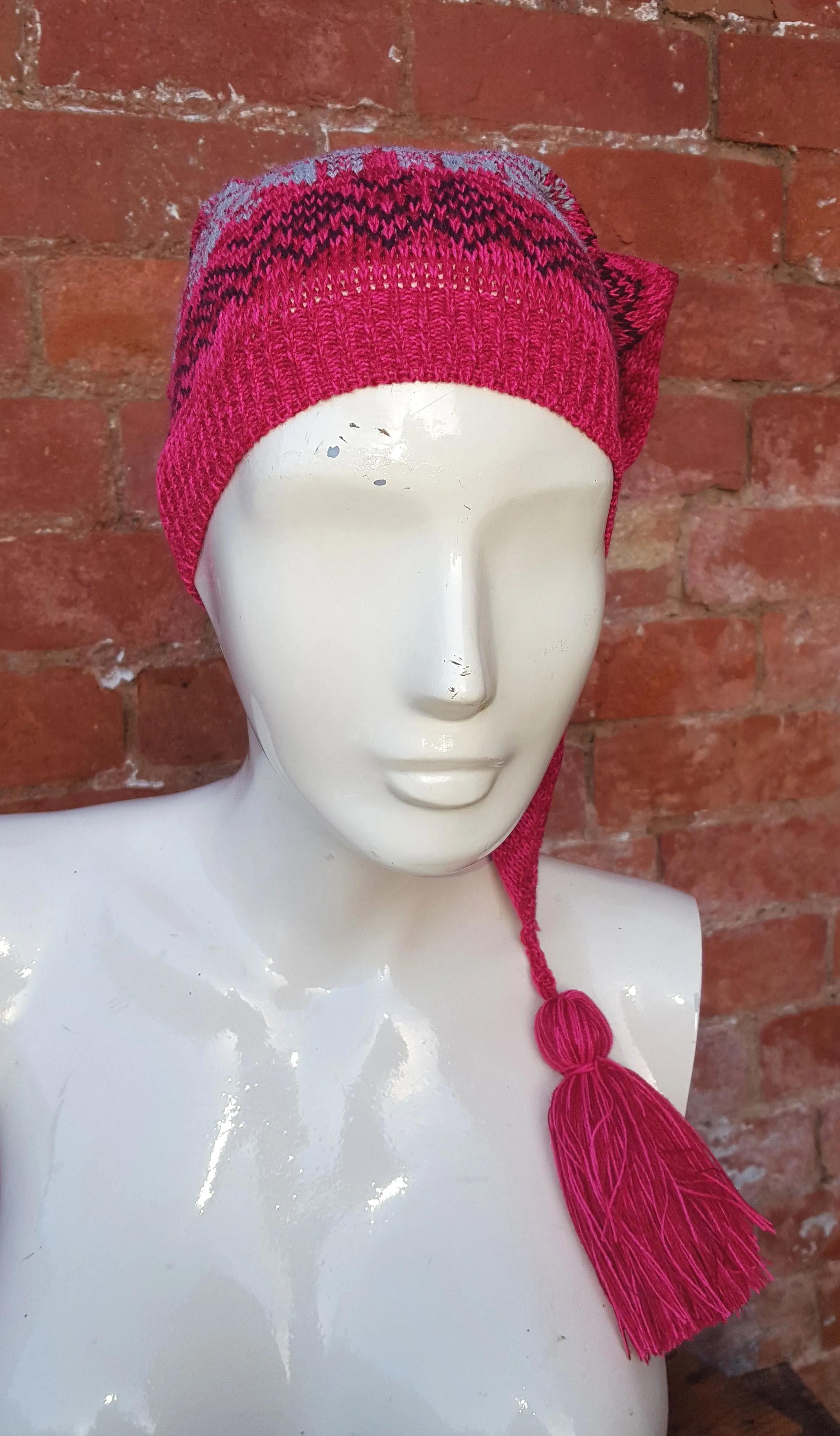 Magenta coloured Winter Pixie Hat, fair isle pattern, one size fits all, unisex ski hat