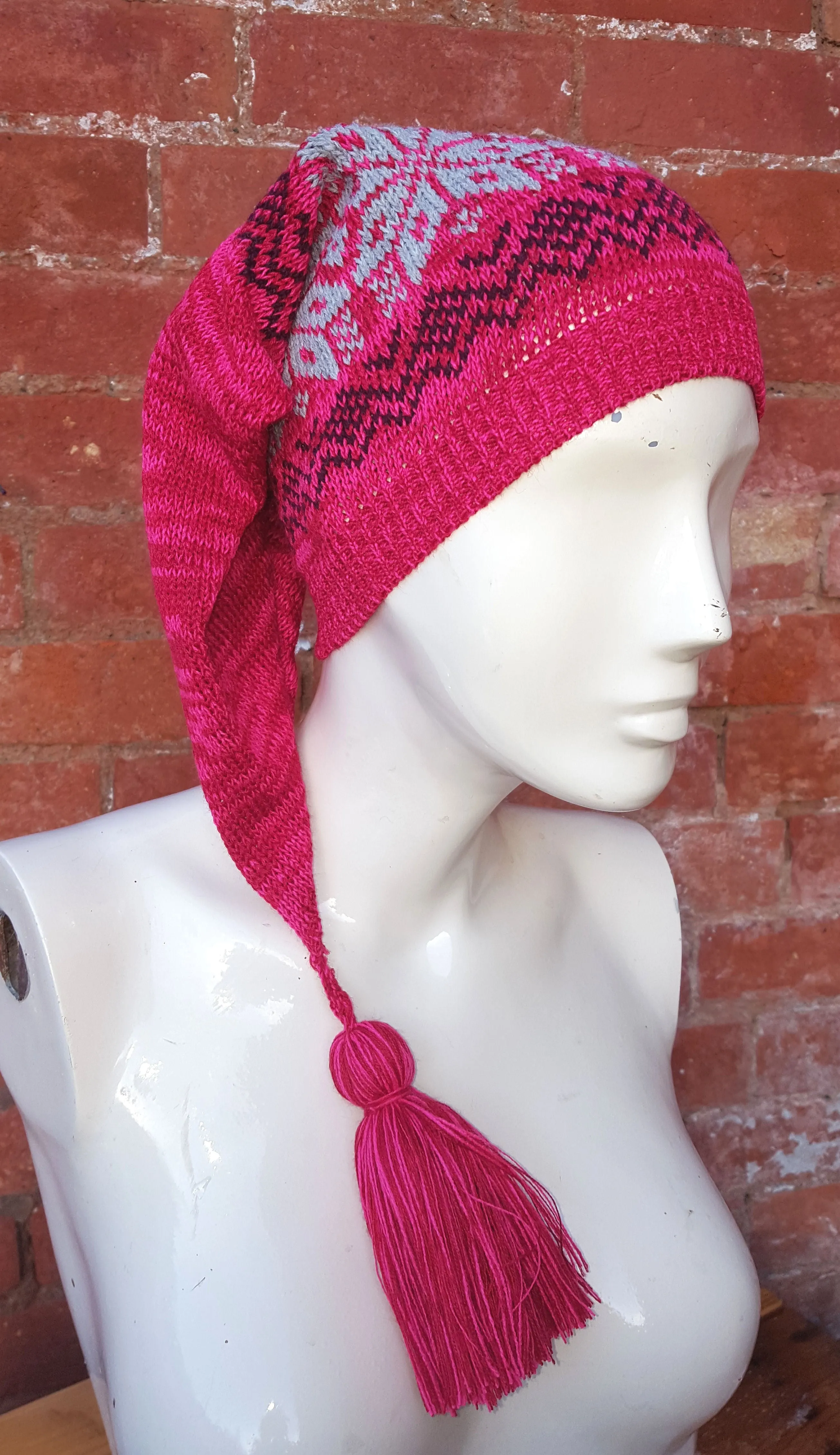 Magenta coloured Winter Pixie Hat, fair isle pattern, one size fits all, unisex ski hat