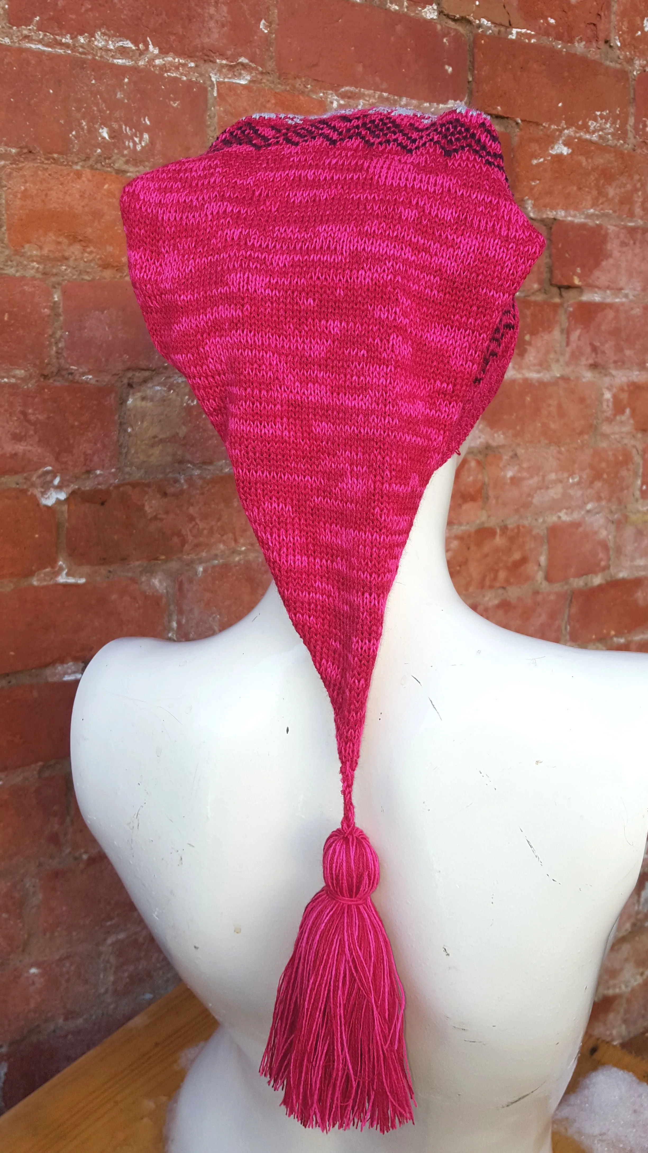 Magenta coloured Winter Pixie Hat, fair isle pattern, one size fits all, unisex ski hat