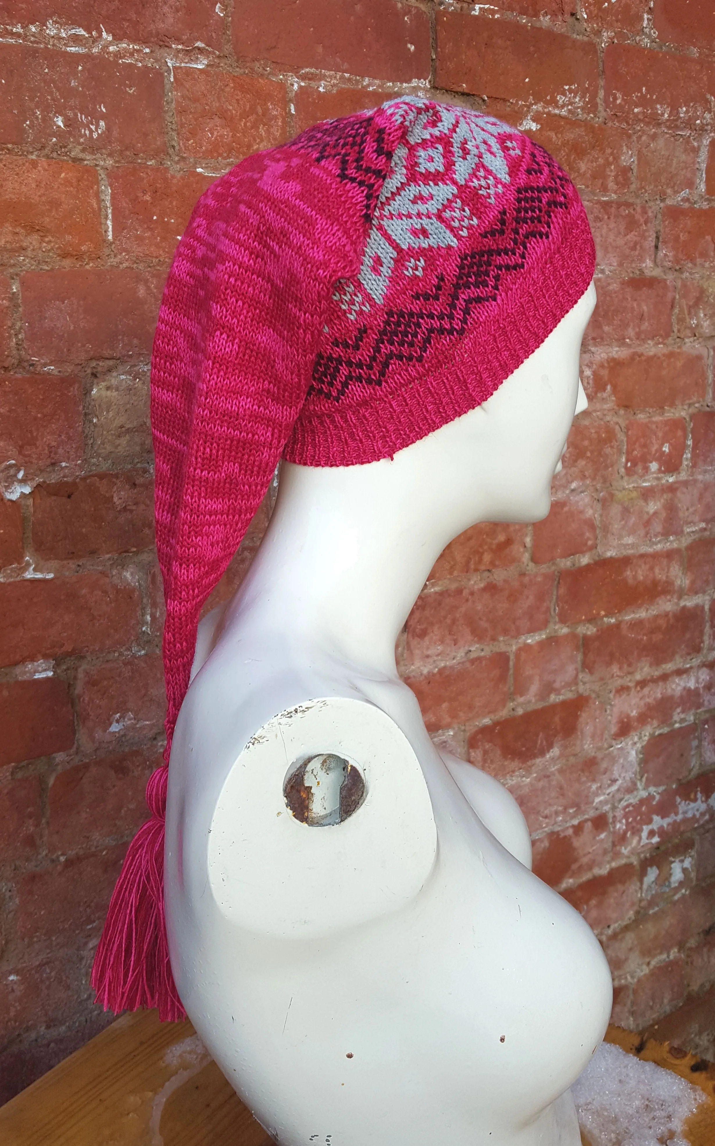 Magenta coloured Winter Pixie Hat, fair isle pattern, one size fits all, unisex ski hat