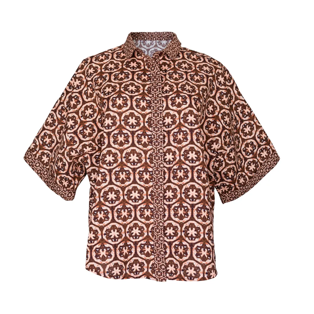 MASON'S DAUGHTER Short Sleeve Top, Chocolate and Pink Lattice Print