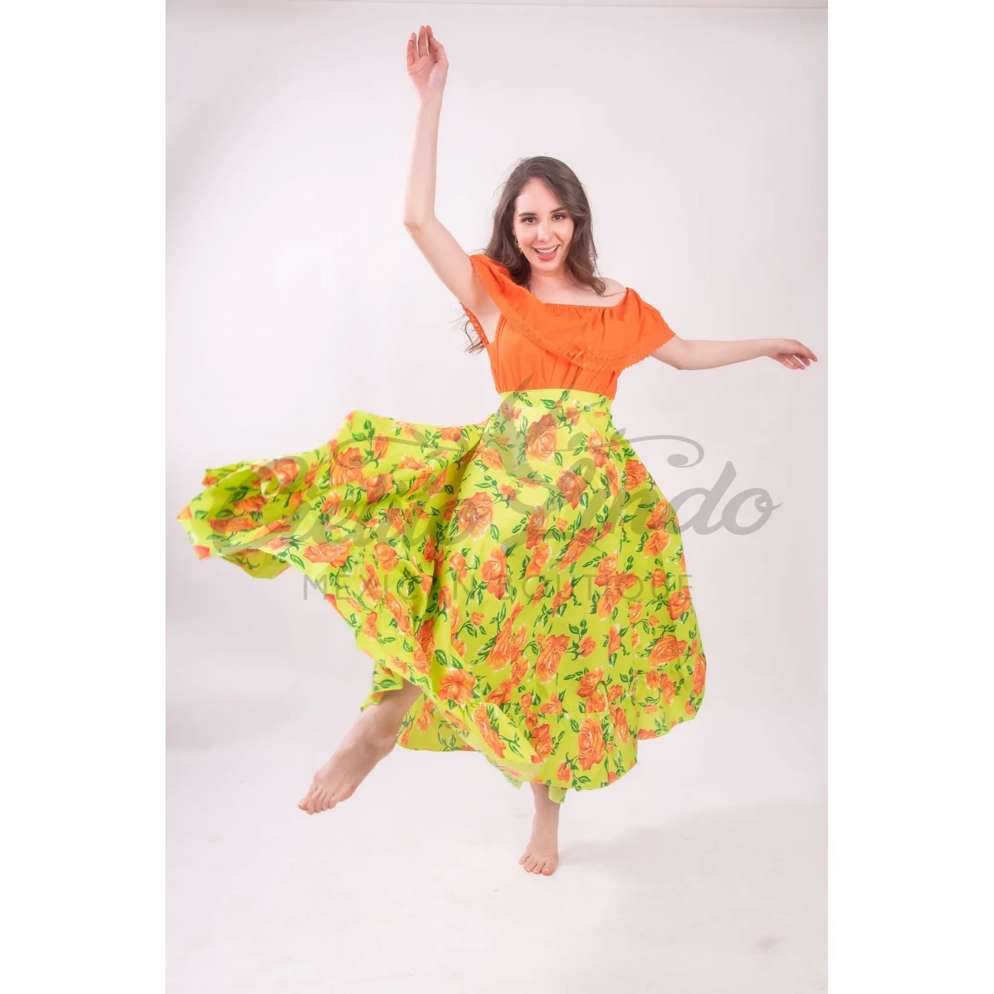 Mexican Folklorico Green Floral Skirt