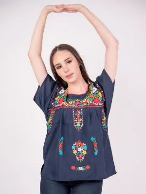 Mexican Tehuacan Full Embroidered Blouse Navy