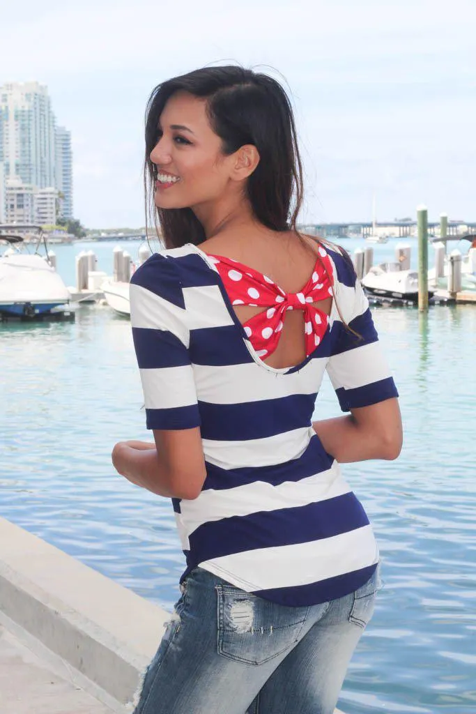 Navy Striped Top with Back Bow