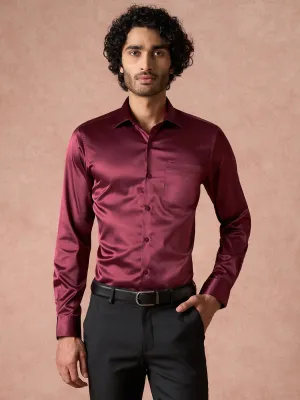 Poly Satin Wine Plain Slim Fit Full Sleeve Ceremonial Shirt