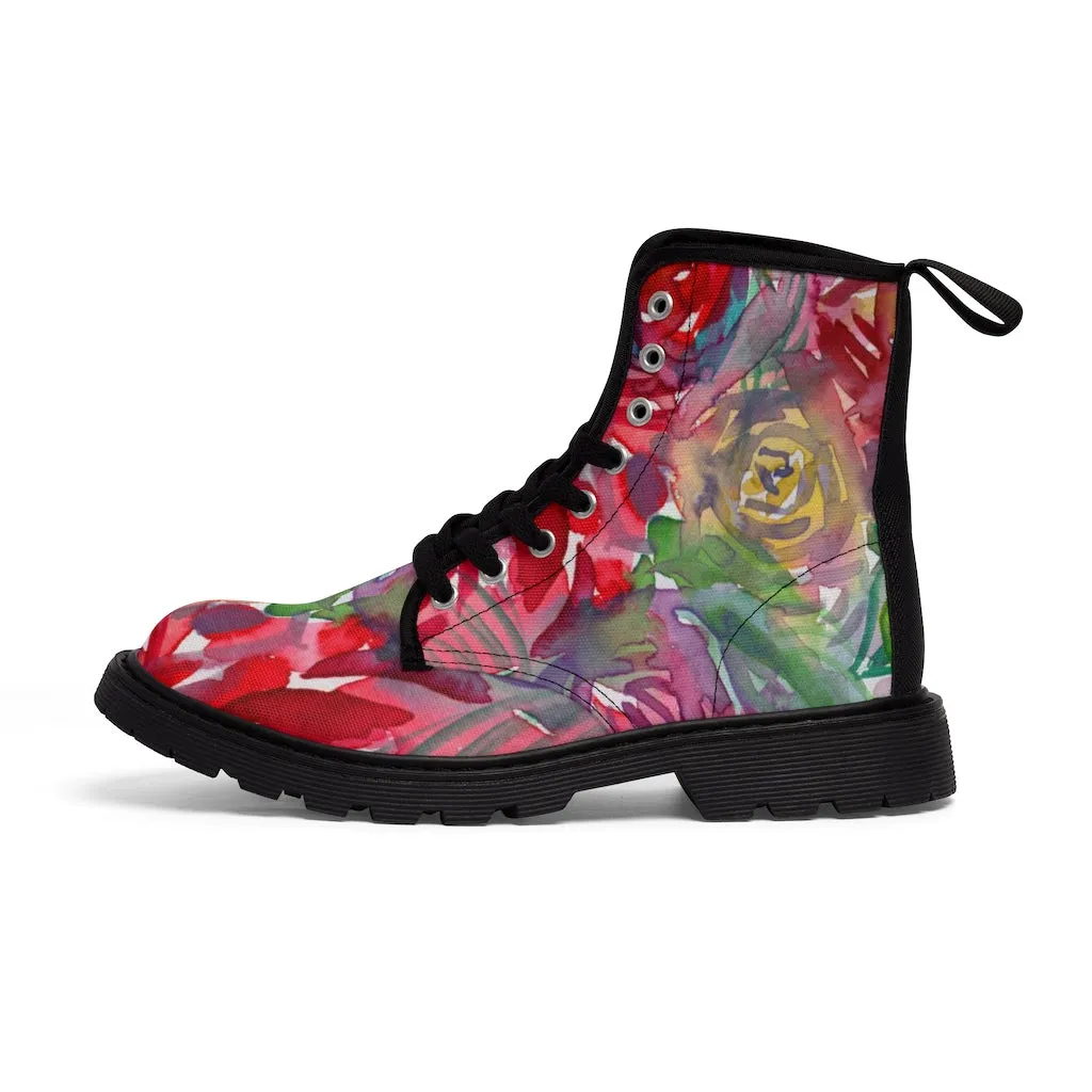 Red Floral Print Women's Boots, Watercolor Flower Printed Hiking Combat Boots For Ladies