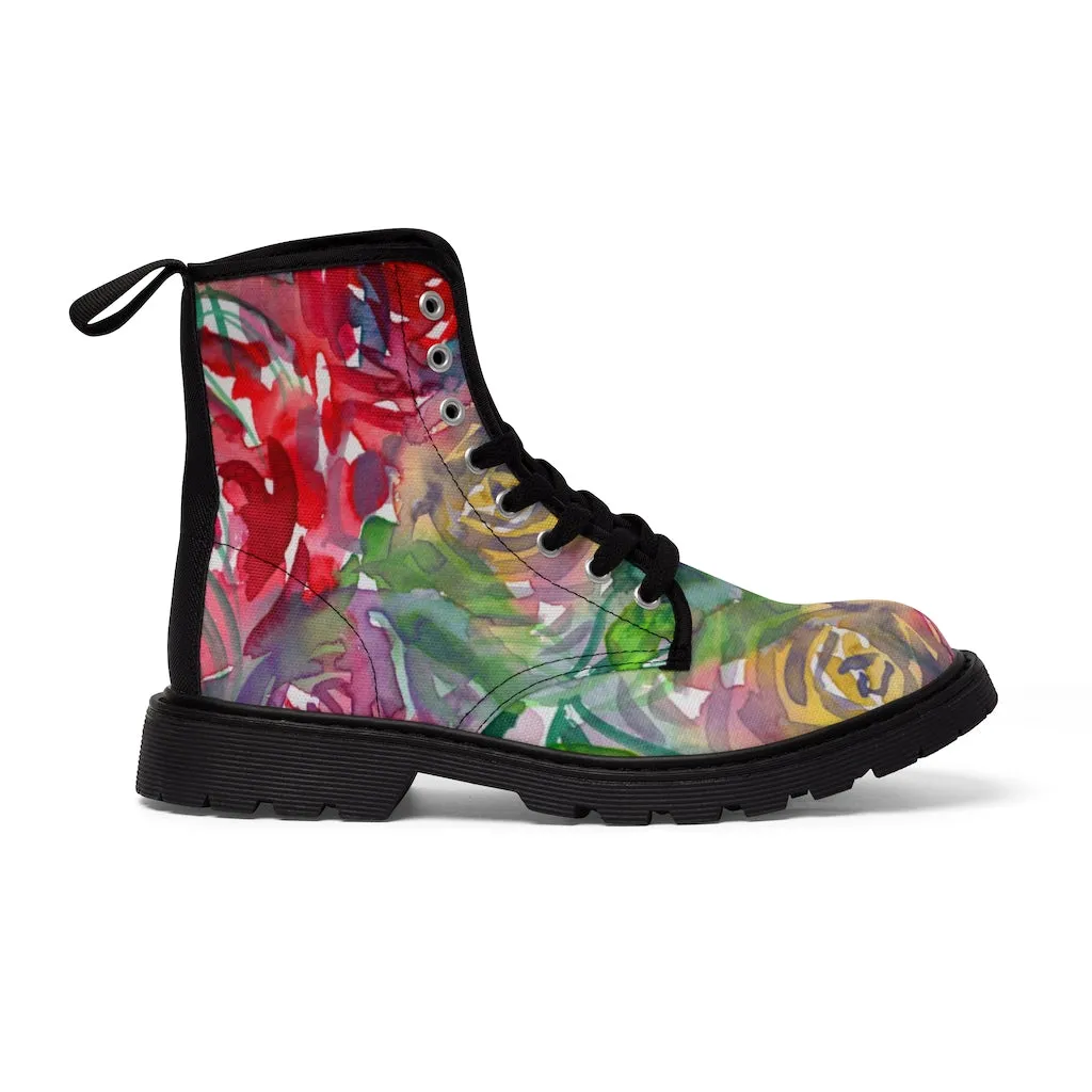 Red Floral Print Women's Boots, Watercolor Flower Printed Hiking Combat Boots For Ladies