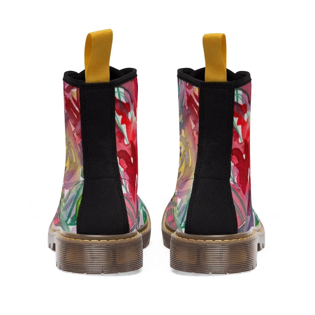 Red Floral Print Women's Boots, Watercolor Flower Printed Hiking Combat Boots For Ladies