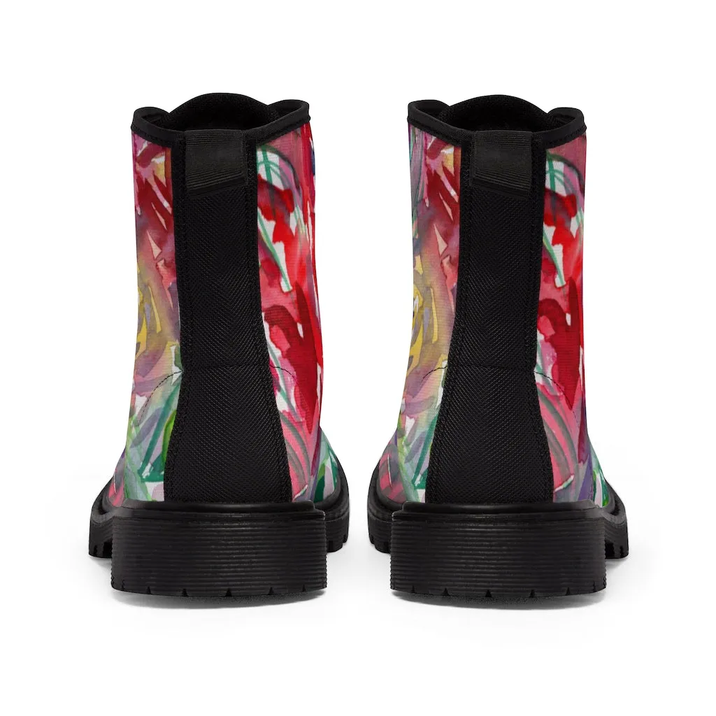 Red Floral Print Women's Boots, Watercolor Flower Printed Hiking Combat Boots For Ladies