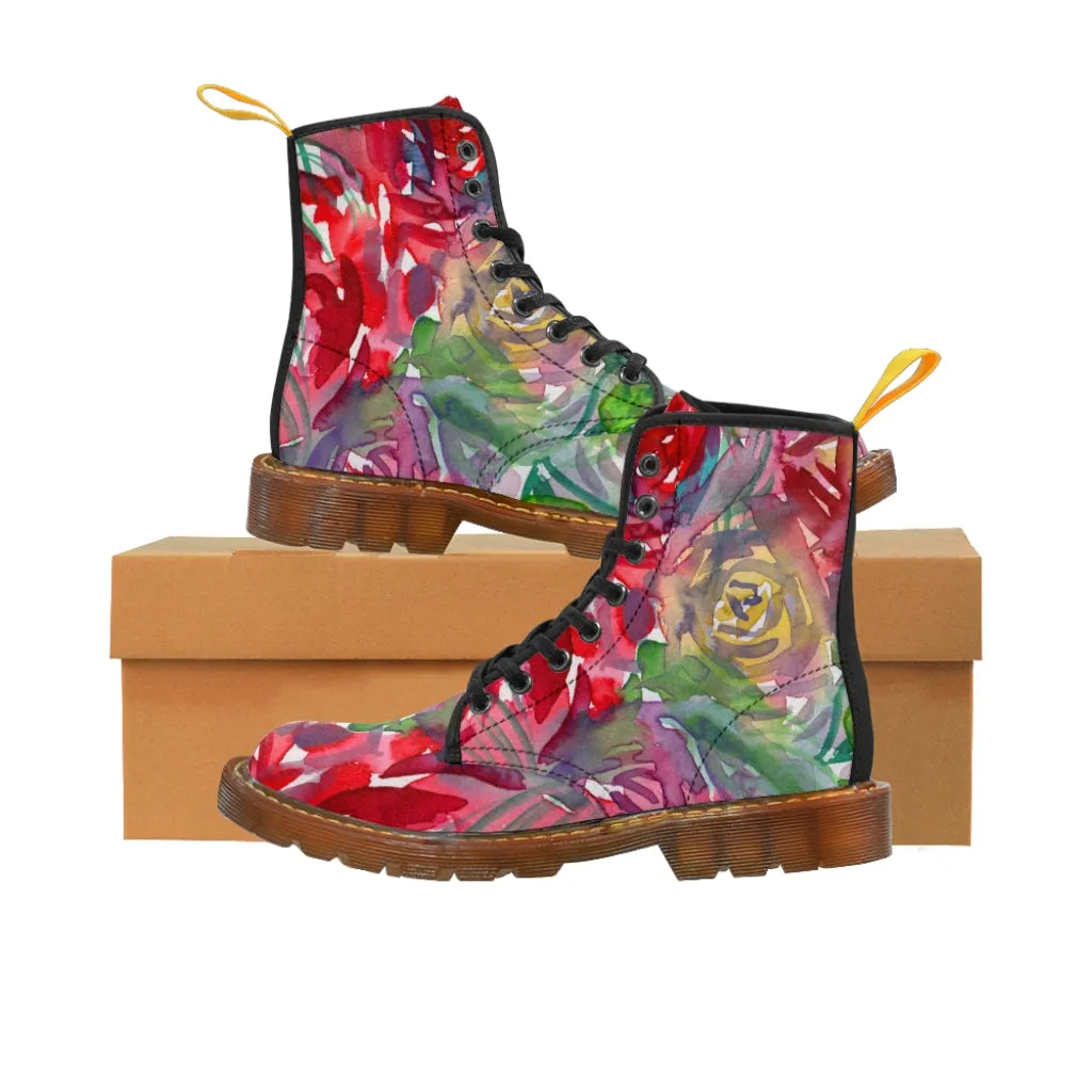 Red Floral Print Women's Boots, Watercolor Flower Printed Hiking Combat Boots For Ladies