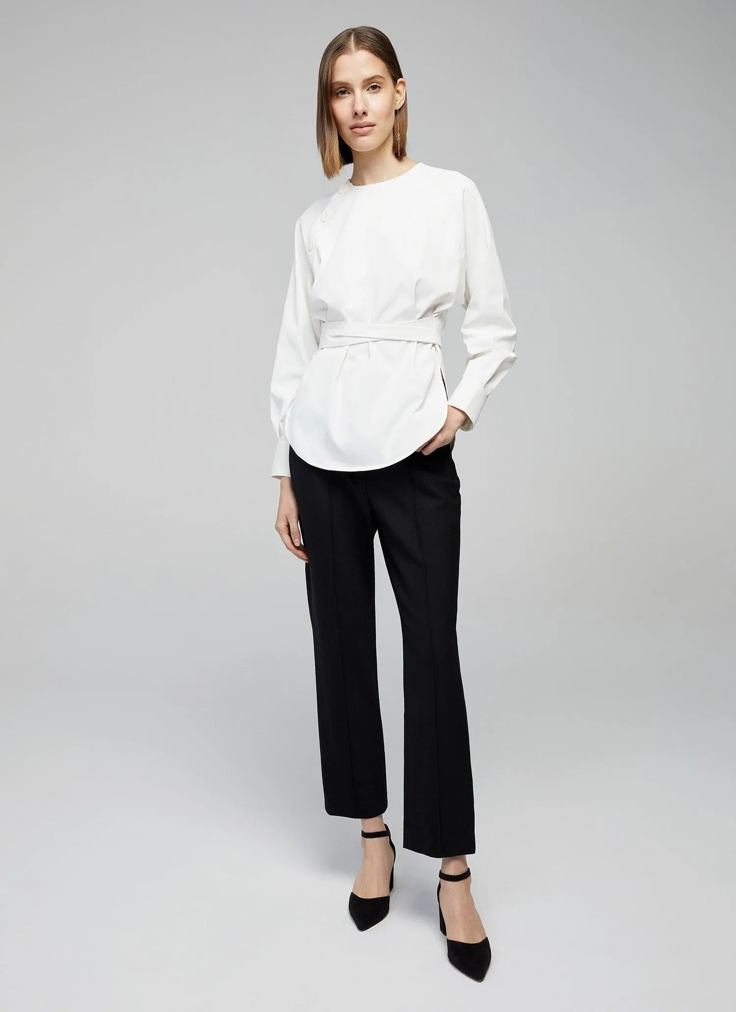 Sarah Belted White Long Sleeves Shirt for Women