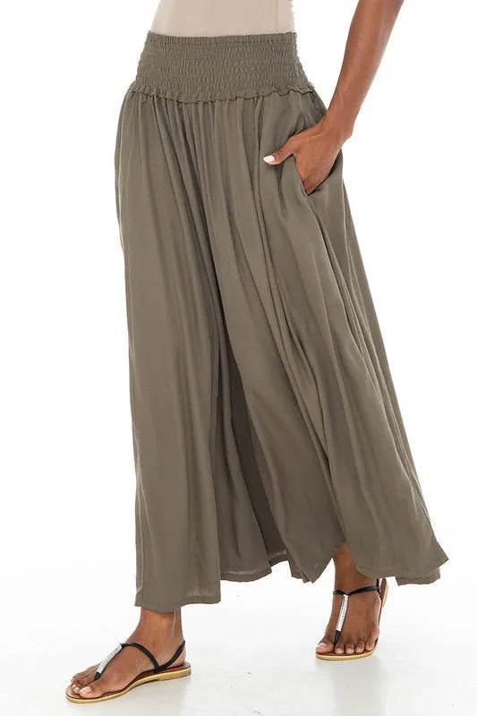 SHU-SHI Women's Palazzo Flowy Summer Pants - Wide Leg Lounge Trousers with Elastic Waist and Side Pockets -  Olive