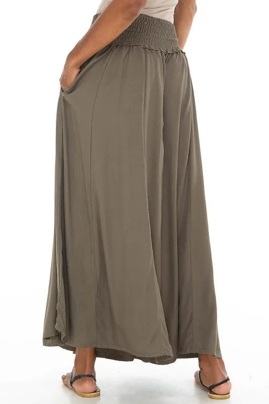 SHU-SHI Women's Palazzo Flowy Summer Pants - Wide Leg Lounge Trousers with Elastic Waist and Side Pockets -  Olive