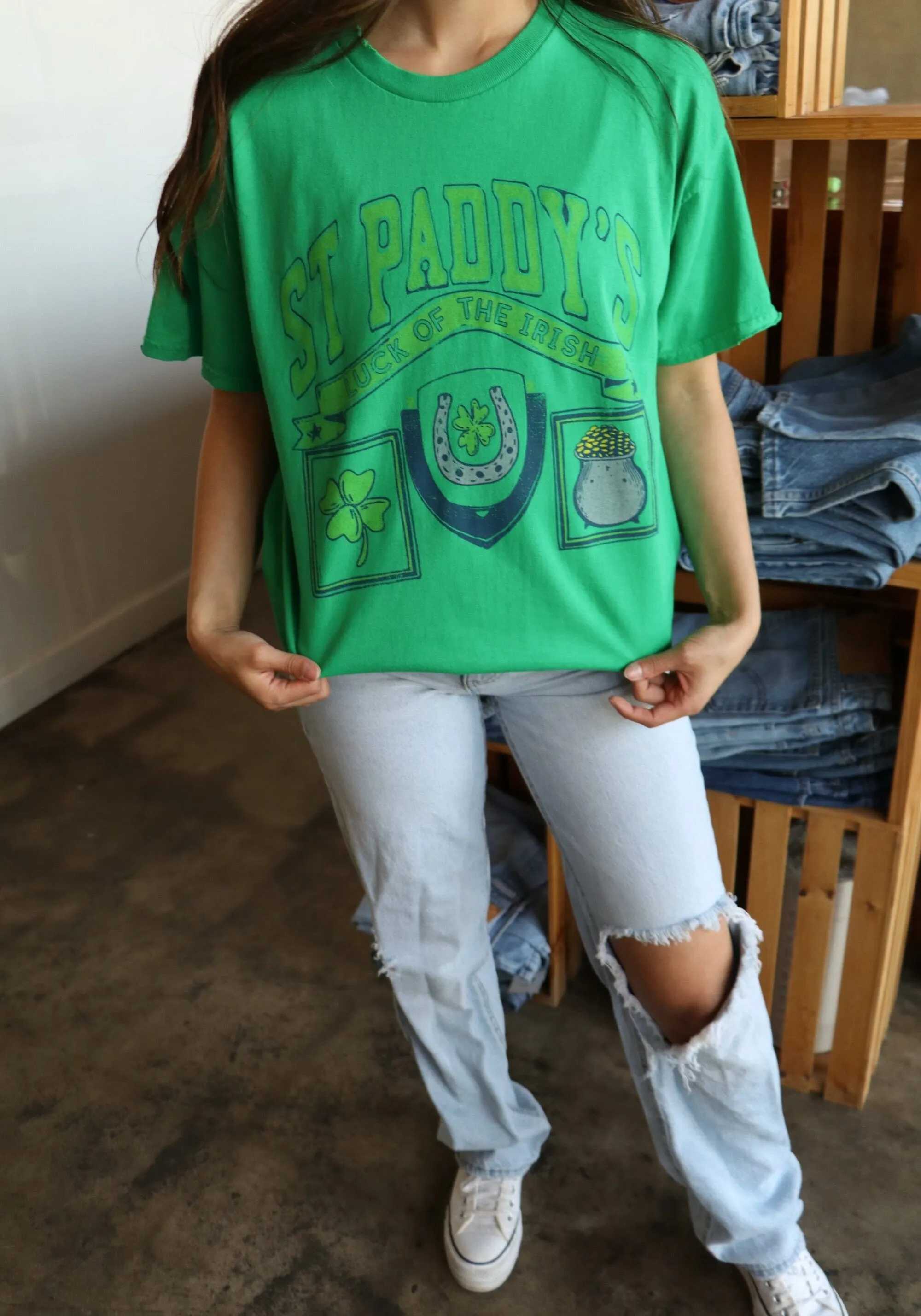 St. Patrick's Day Patch Green Thrifted Tee