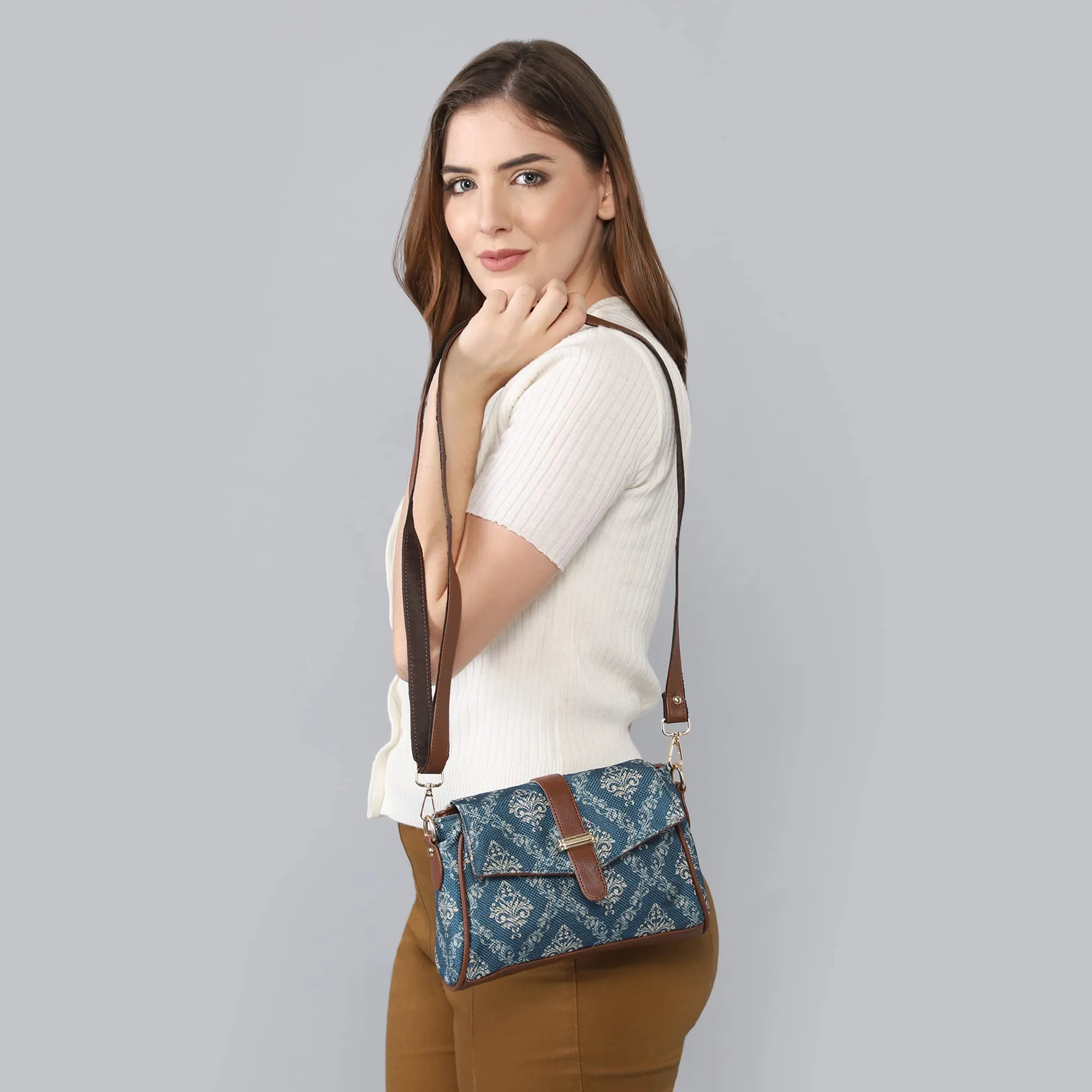 THE CLOWNFISH Odelina Series Printed Handicraft Fabric Sling Bag Handbag for Women Crossbody Bag Office Bag Ladies Single Shoulder Bag with Snap Flap Closure & Shoulder Belt For Women (White)