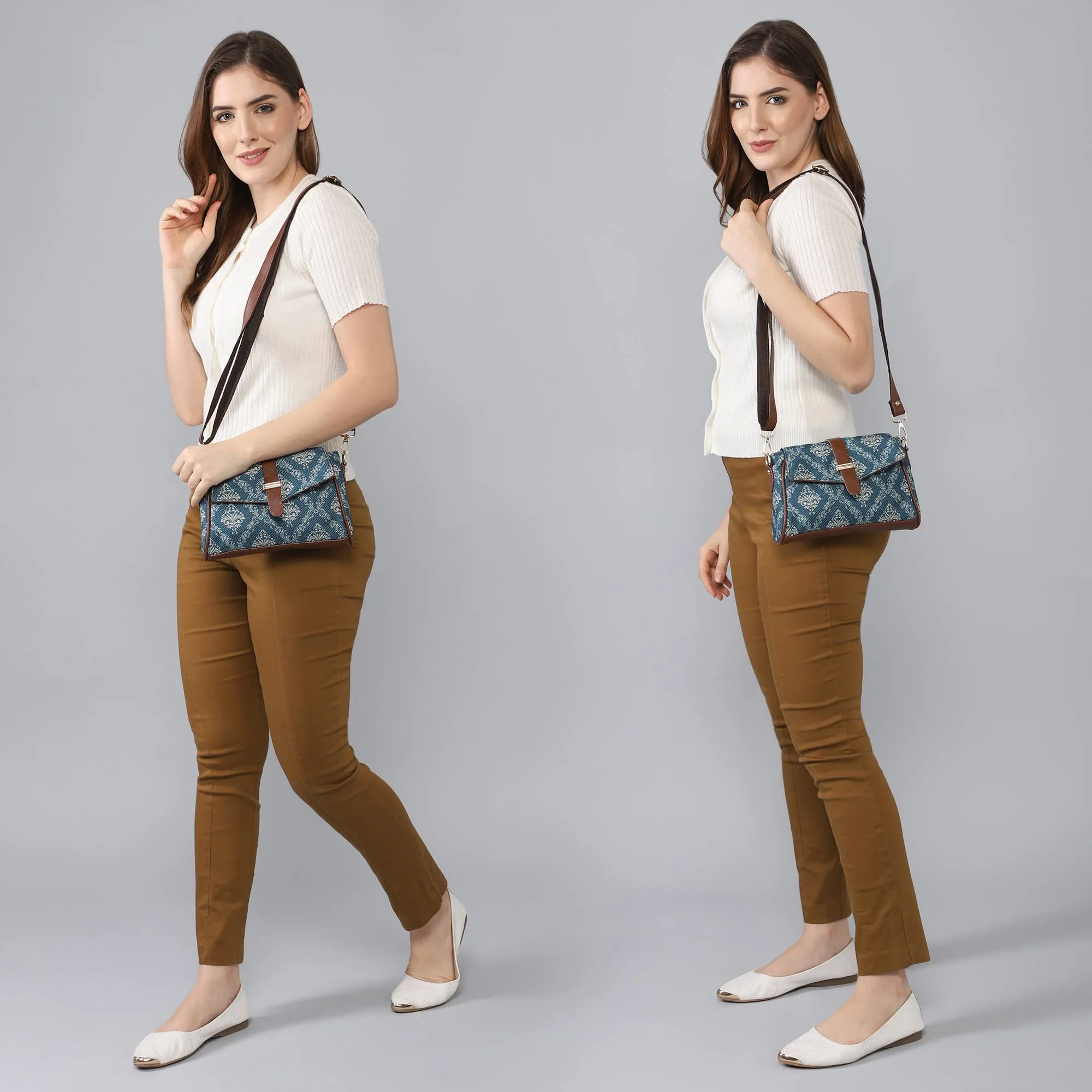 THE CLOWNFISH Odelina Series Printed Handicraft Fabric Sling Bag Handbag for Women Crossbody Bag Office Bag Ladies Single Shoulder Bag with Snap Flap Closure & Shoulder Belt For Women (White)